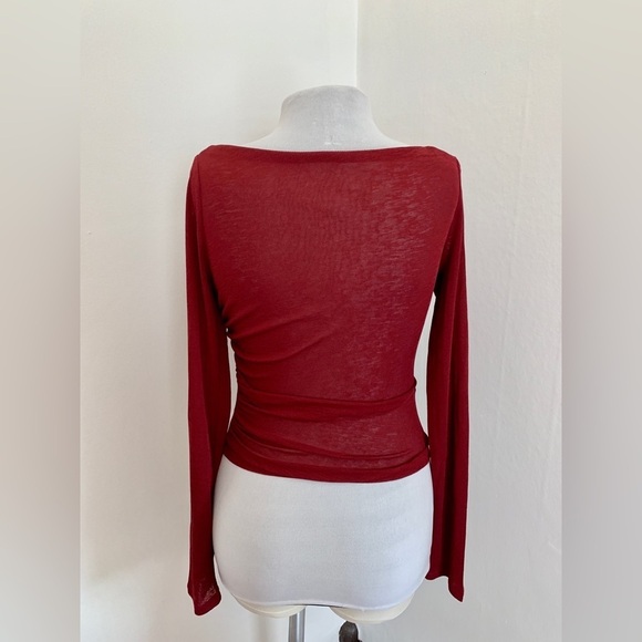 NWT COMMENSE red Cowl Neck knit top Red Stretch Ruched Minimal Sheer Sexy Med - Picture 4 of 10